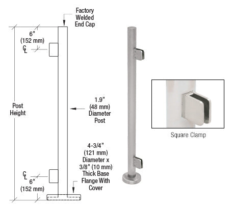 CRL Brushed Stainless Steel Round 42" Tall End Post Kit With Square Clamps