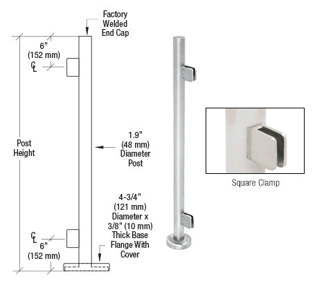 CRL Polished Stainless Steel Round 42" Tall End Post Kit With Square Clamps