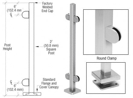 CRL Brushed Stainless 42" Steel Round Glass Clamp 180 Degree Center Square Post Railing Kit